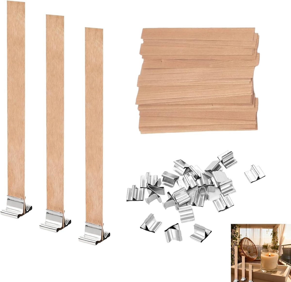 Lonten voor houten kaarsenlonten met 30 ijzeren standaarden, 1,3 x 13 cm, natuurlijke houten lontset, duurzaam, geurloos, doe-het-zelf accessoires voor het maken van kaarsen, gieten
