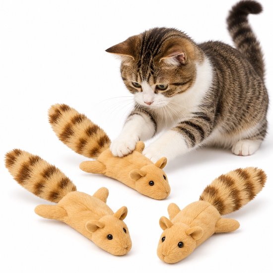 Grijze cyperse kat met witte borst en poten speelt met drie beige eekhoornspeeltjes op witte achtergrond.