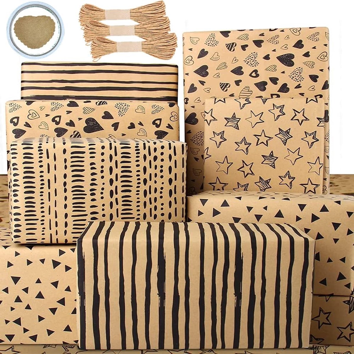 Cadeaupapier van kraftpapier,inpakpapier voor gelukkige verjaardag, 6vellen 70 * 50 cm bruin gevouwen papier met jutekoorden, stickers en strikken voor alle verjaardagsgelegenheden