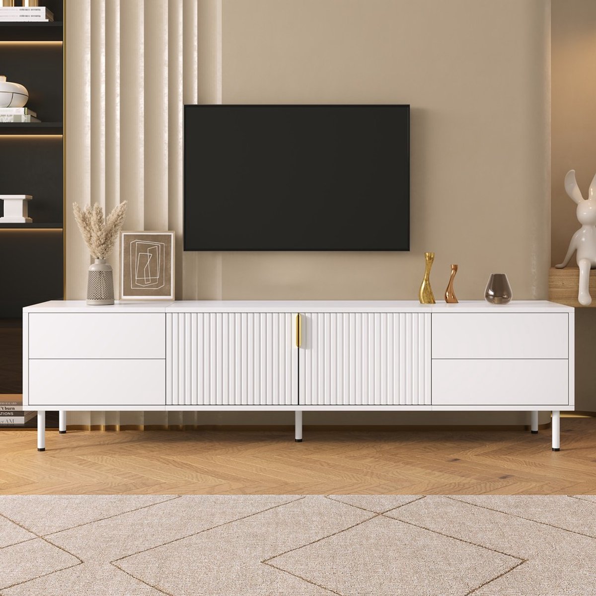 KOMHTOM TV-lowboard, tv-kast, lades, geribbelde deur, metalen handgreep, metalen poten, kabeldoorvoer, woonkamer Wit