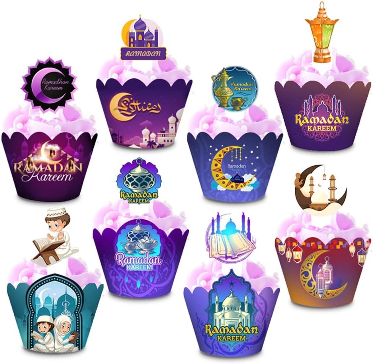 48 stuks Ramadan Cupcake Toppers en Wrappers, Cupcake Decoratie - Eid Mubarak Cupcake Wrappers Picks Liners, Leuke Hand Cake Decoraties Benodigdheden voor Islamitische Moslim Party