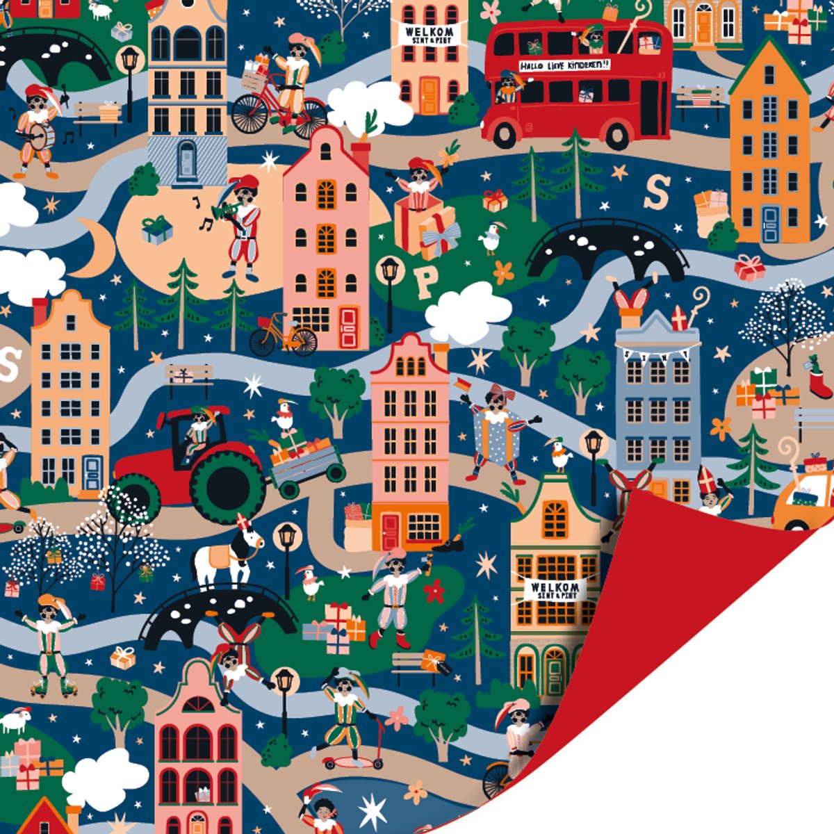 Het Inpakhuis - Cadeaupapier - Inpakpapier - Kadopapier - Sinterklaas - Pakjesavond - Sint is in town - Rood - Piet - Schoencadeau - 50cm x 3mtr