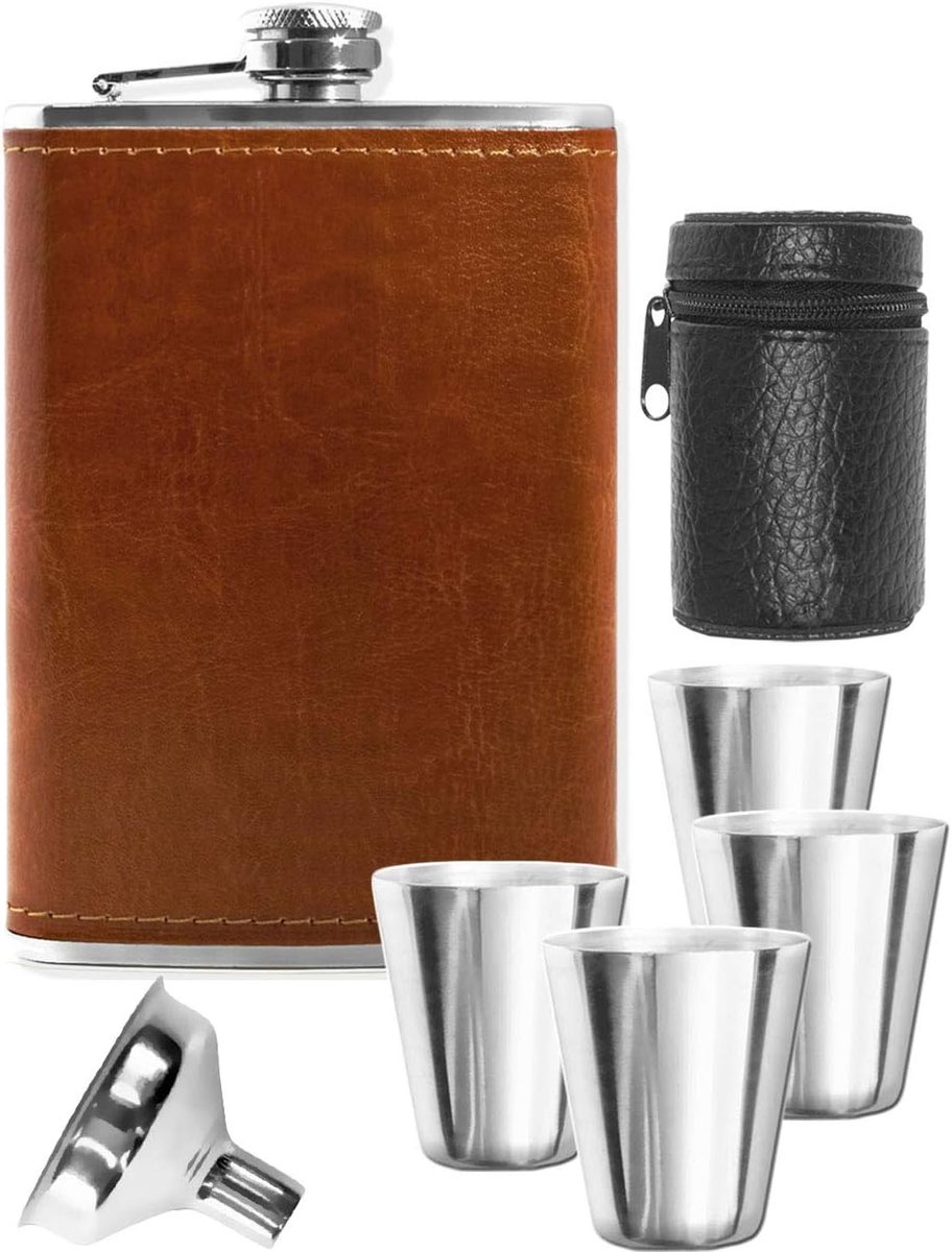 7-delige Flachmann drinkbekerset, 240 ml leerbruin, in geschenkdoos