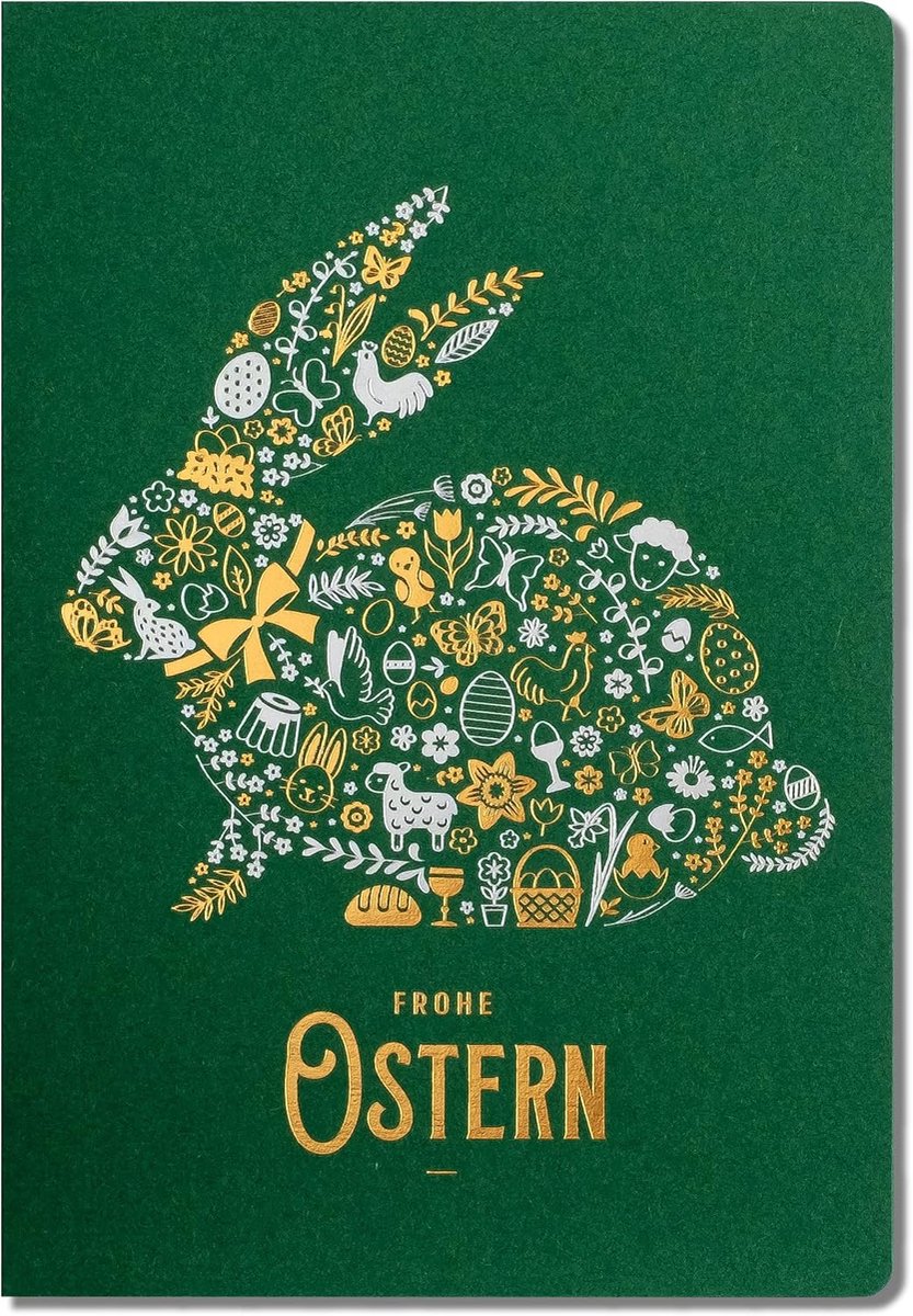 Paaskaarten – set van 10 manufacturekaarten in groen 120 x 170 mm, vergulde en geperste paasmotieven gemaakt van mat sieradenpapier, met bijlagen en enveloppen
