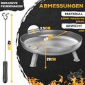 Afmetingen Kesser vuurschaal: 60 cm diameter, 28 cm hoog, 2,5 mm dik staal, inclusief 42 cm pook en 11 kg gewicht.