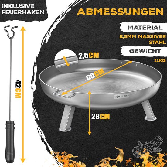 Afmetingen Kesser vuurschaal: 60 cm diameter, 28 cm hoog, 2,5 mm dik staal, inclusief 42 cm pook en 11 kg gewicht.