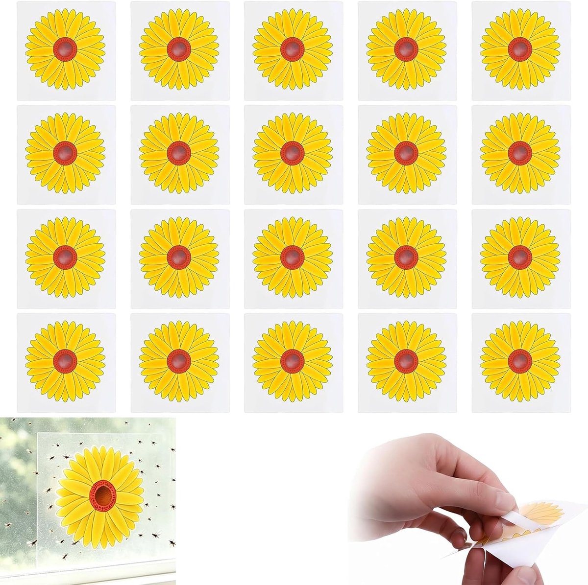 Vallen voor binnen en ramen, zonnebloemendesign, kleverige vliegenvallen voor ramen, vliegenaas tegen huisvliegen en fruitvliegen in huis
