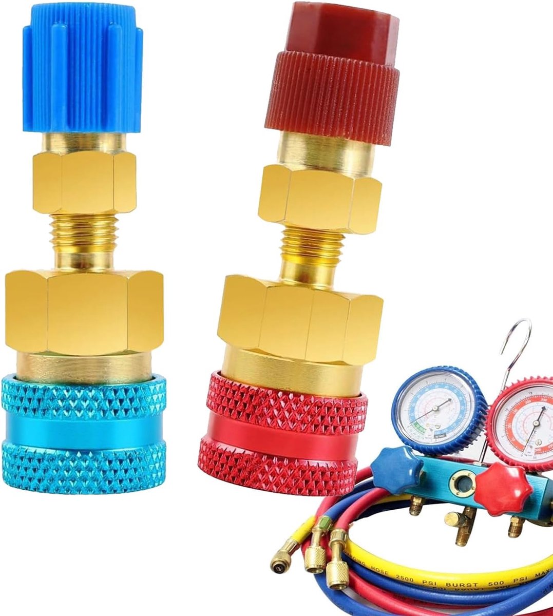 2 stuks R134a adapter, snelkoppelingsset, koelmiddelnavulset, high-/low-side R134a-naar-R1234yf-adapter auto-airconditioning, koelmiddelsysteem, evacuatie en opladen