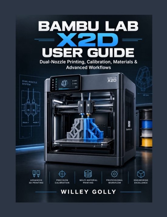 Bambu Lab X2D gebruikershandleiding met blauwe en grijze 3D-print in de machine.