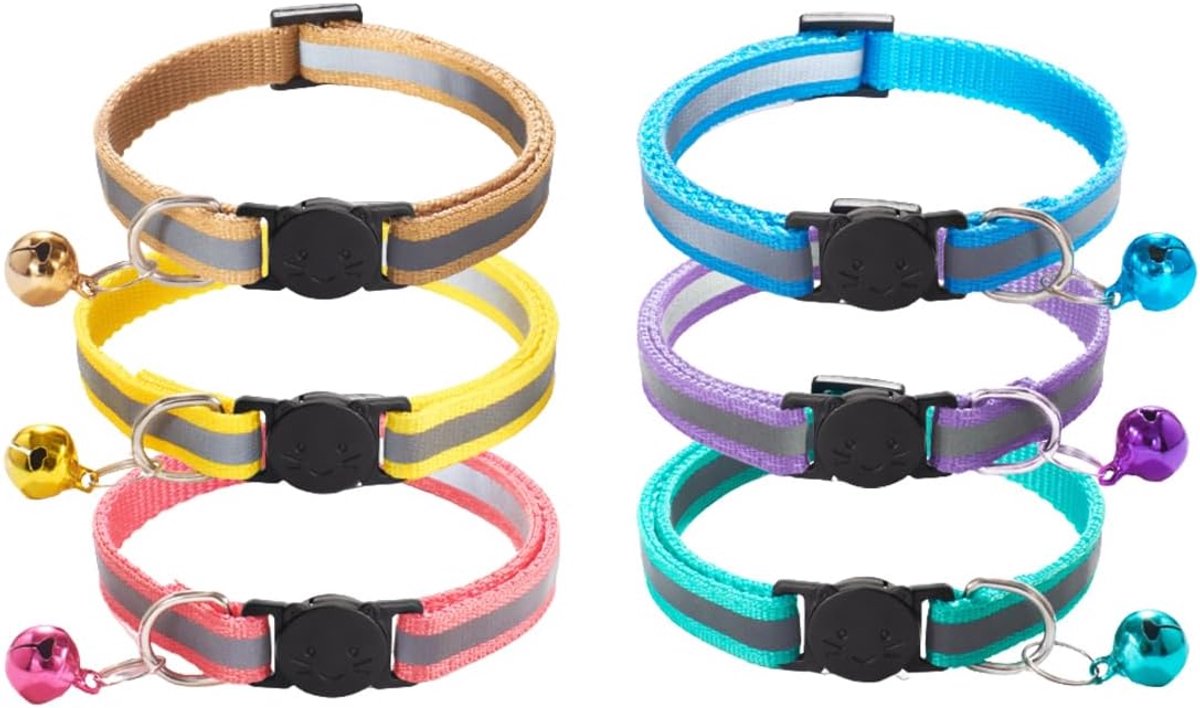 SnelShoppen - 6 Stuks Reflecterende Kattenhalsbanden met Snelsluiting, Veiligheids-Kattenhalsbanden met Belletjes, Ideaal voor Buiten, Kleur: Meerkleu