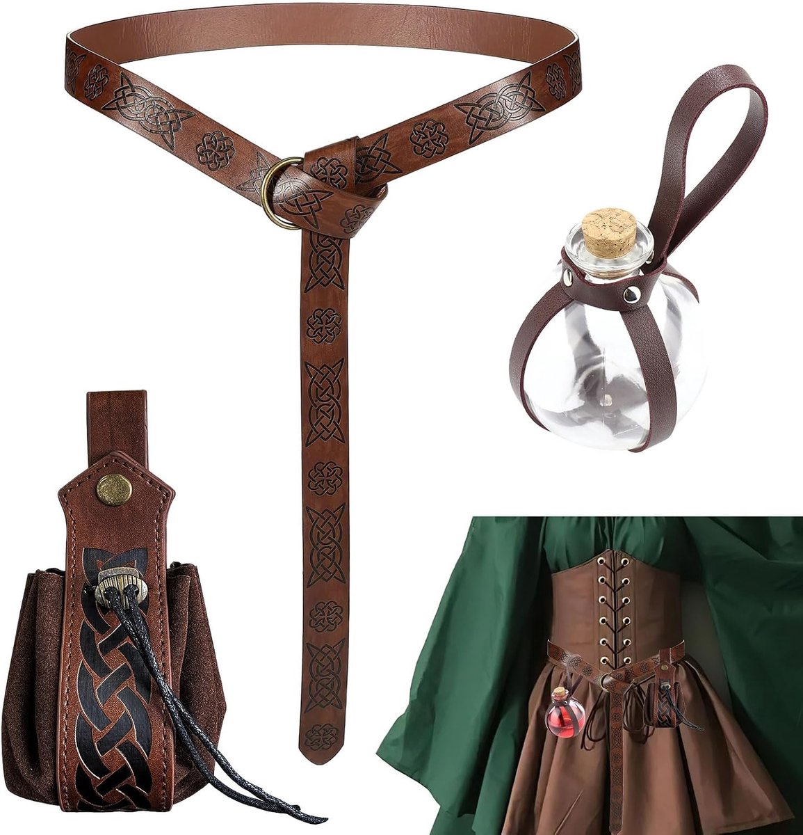 Middeleeuwse O-ring riem - Embossed ontwerp - Inclusief riemtas en toverdrankfles - Perfect voor Halloween cosplay - ShopVlot