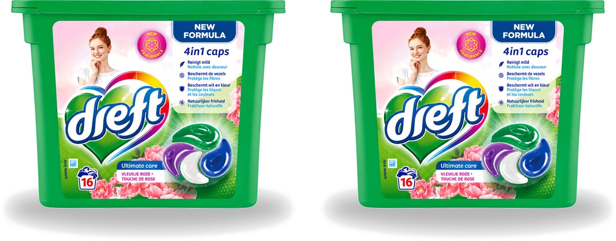 2 x Dreft - Nieuwe Formule - Wasmiddelcapsules 4in1 - Witte en Gekleurde Was - Vleugje Roze - 16 Wasbeurten - Voordeelverpakking - 2 stuks