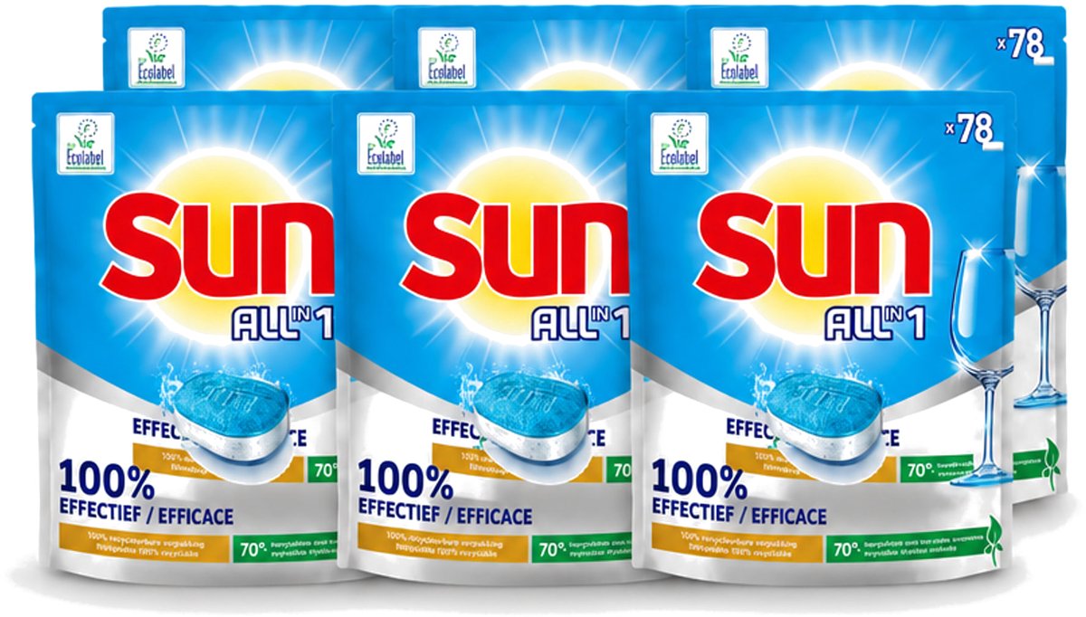 6 x Sun All-in-1 - Eco Label - Vaatwastabletten - 78 Tabletten - Voordeelverpakking - 6 stuks