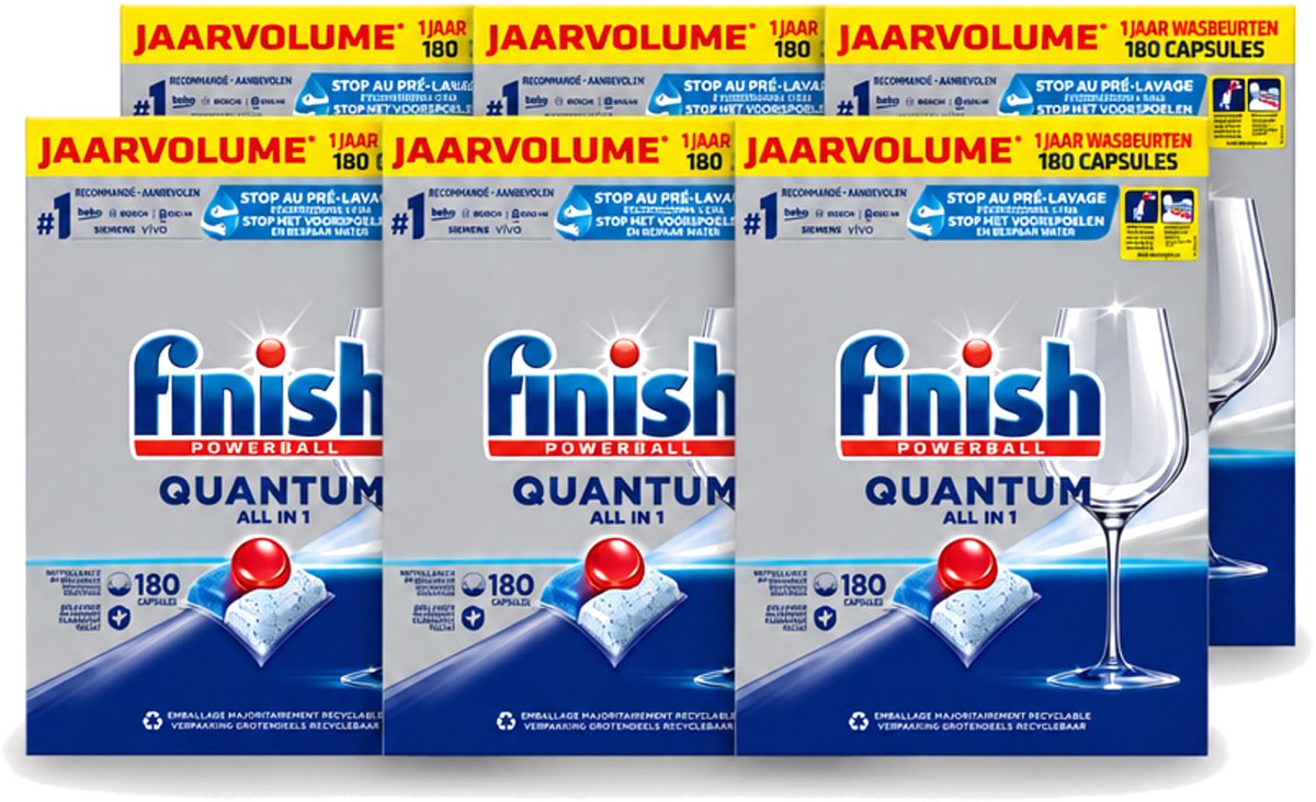 6 x Finish Powerball - Quantum All in 1 - Vaatwastabletten - 180 Tabletten - Voordeelverpakking - 6 stuks