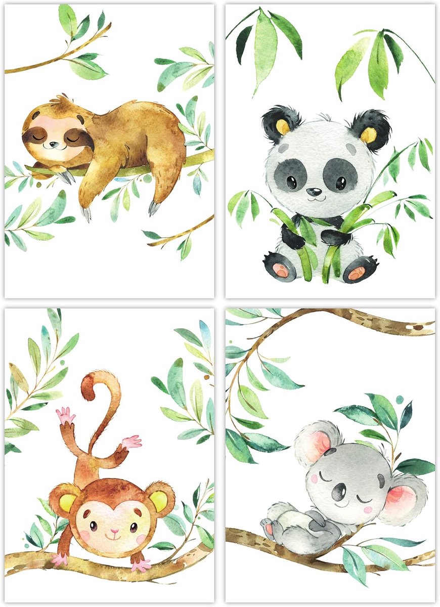 SnelShoppen - Set van 4 Jungle Dieren Posters voor Kinderen - Schattige Sloth, Panda, Aap, Koala - DIN A4 Wanddecoratie voor Baby- en Kinderkamer - Ge