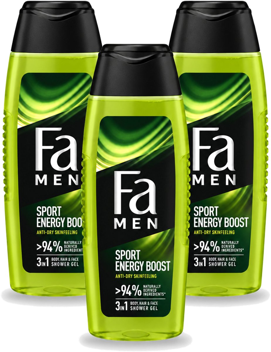 3 x Fa Men - Sport Energy Boost - Doucemiddel - Voor Lichaam, Haar & Gezicht - 250 ml - Voordeelverpakking - 3 stuks