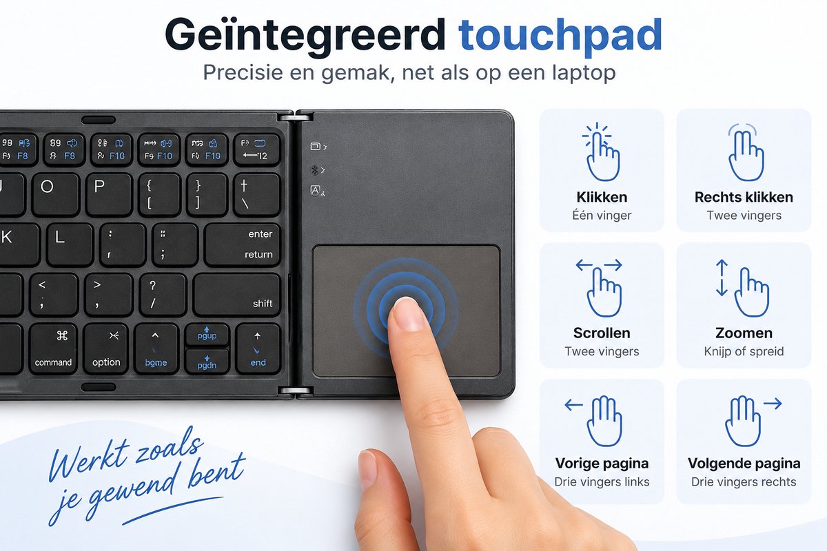 IMENGINE® Opvouwbaar Bluetooth Toetsenbord met Touchpad – Draadloos QWERTY Keyboard – 197g – Voor Tablet, iPad, Smartphone, Laptop & PC – Oplaadbaar — cadeau in Gadgets - foto 3