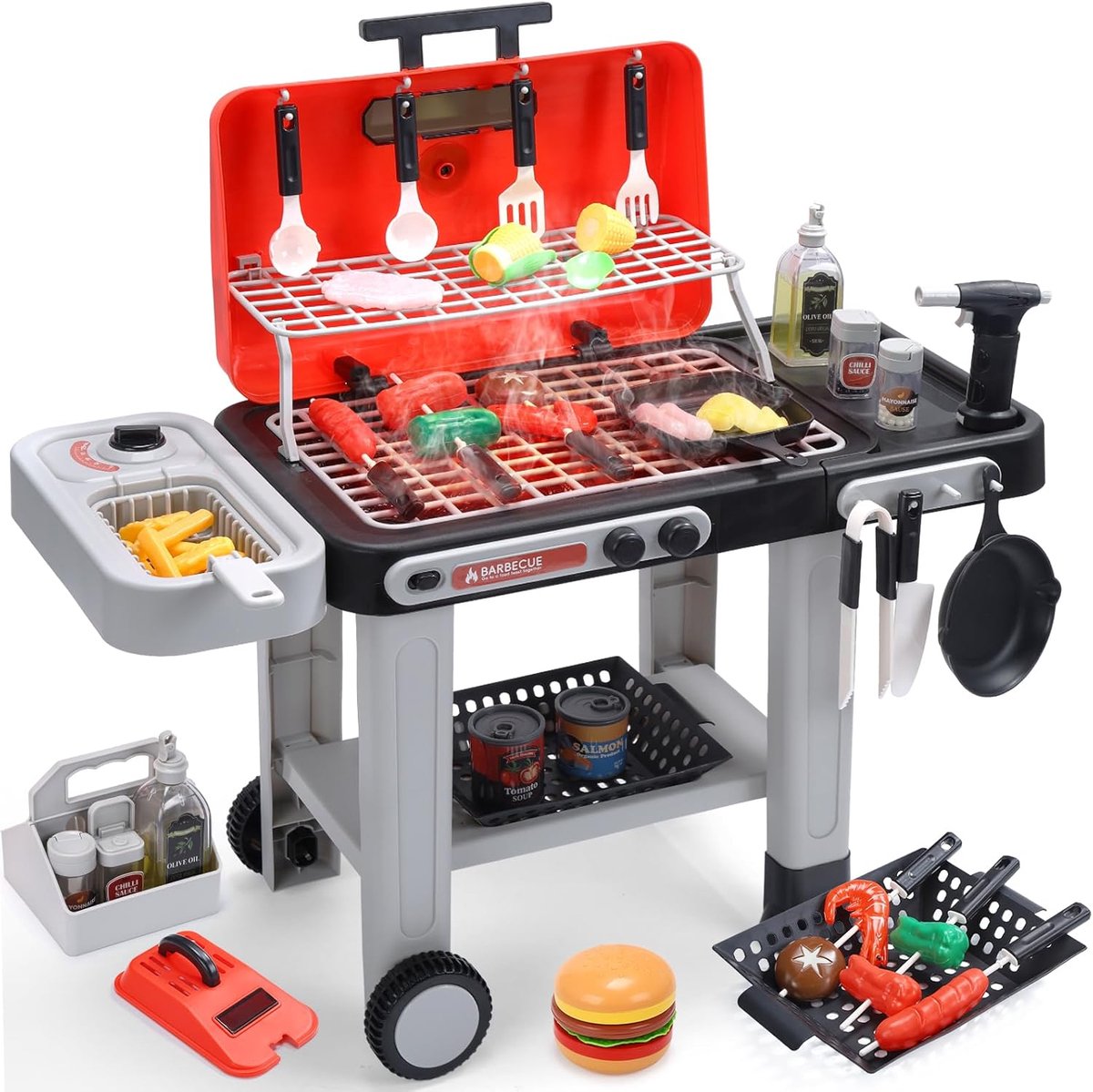 SnelShoppen - BBQ Grill Speelset voor Kinderen met Geluiden, Lichteffecten, Koele Mist, 2-Laags Rolbare Grill en Pannen - Perfect voor Buiten, Feesten
