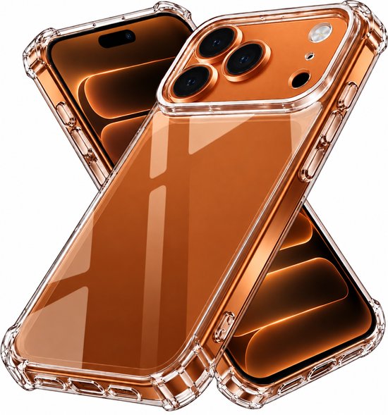 Coque transparente pour iPhone 17 Pro avec coins renforcés et découpe caméra couleur cuivre.