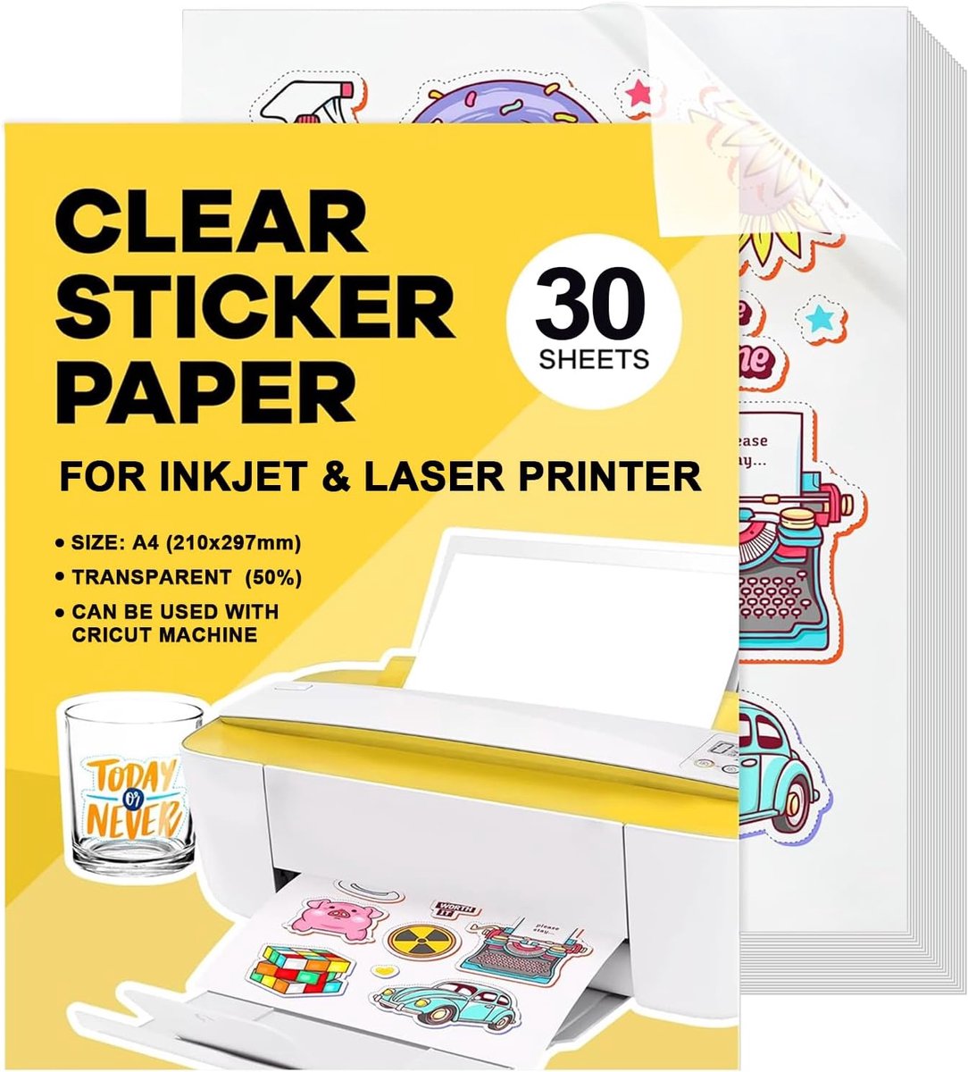 SnelShoppen - Transparant Plakpapier A4, Inktjet Vinyl, 30 Vellen, Waterdichte Stickers voor Laserprinters, Sneldrogend, 21 x 29,7 cm, Glanzend, Perfe