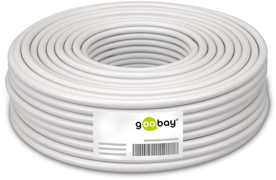 Een opgerolde rol witte luidsprekerkabel met 'goobay' etiket.