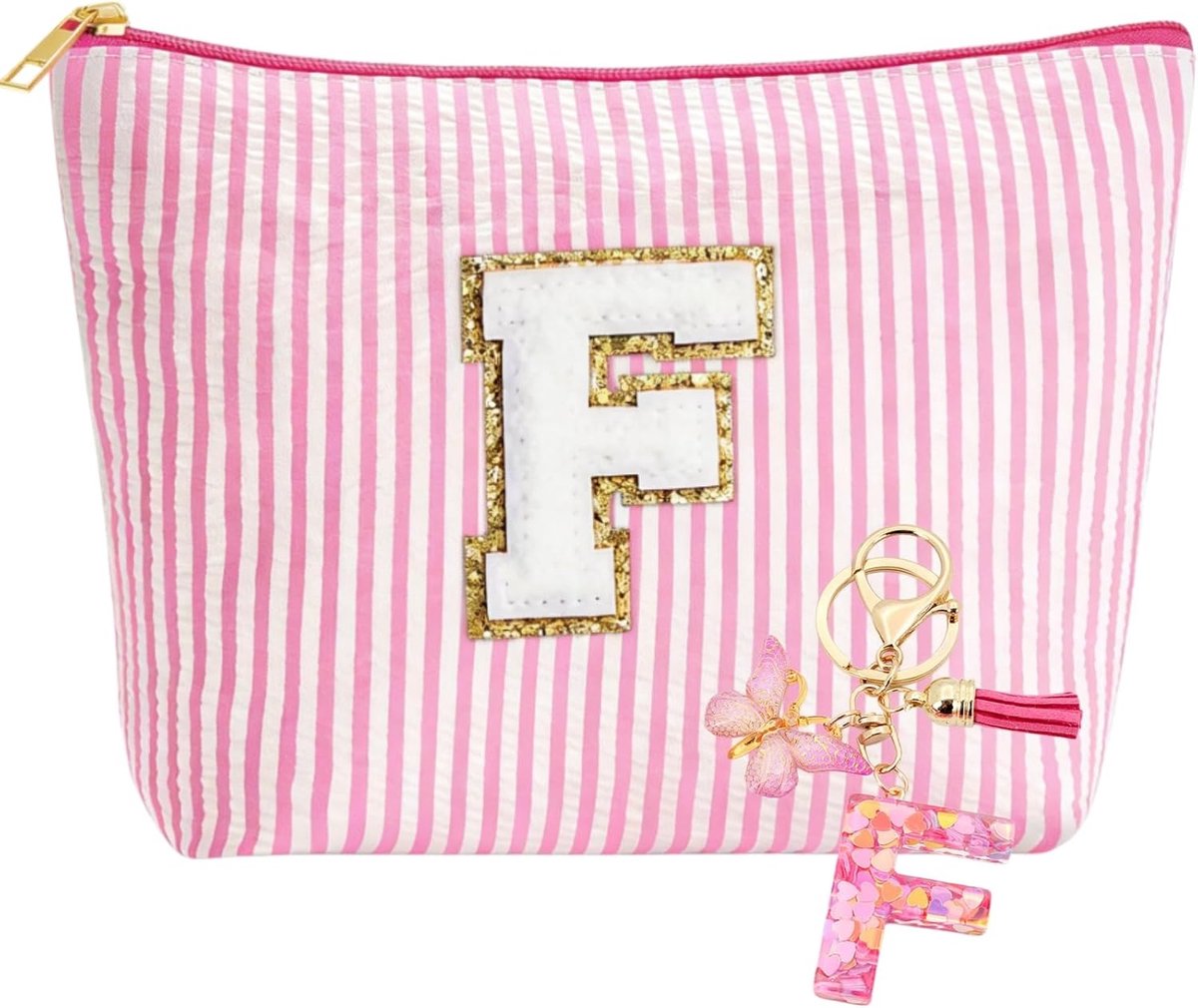Tas, toilettas en sleutelhanger voor meisjes met initiaal, gepersonaliseerde cadeaus voor moeders, vriendinnen en zussen, kerstcadeaus voor dames (roze A), F, 28 x 19 x 8.5 cm