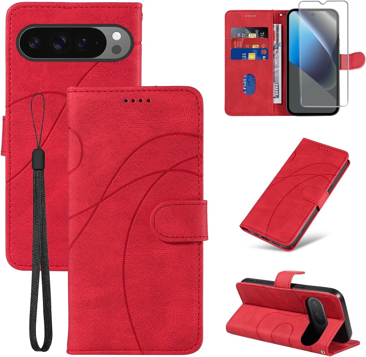 Beschermhoes voor Google Pixel 10/10 Pro met 1 stuks gehard glasbescherming, premium PU-leer, multifunctioneel, magnetisch, portefeuille, flip case, beschermhoes voor Google Pixel 10/10 Pro