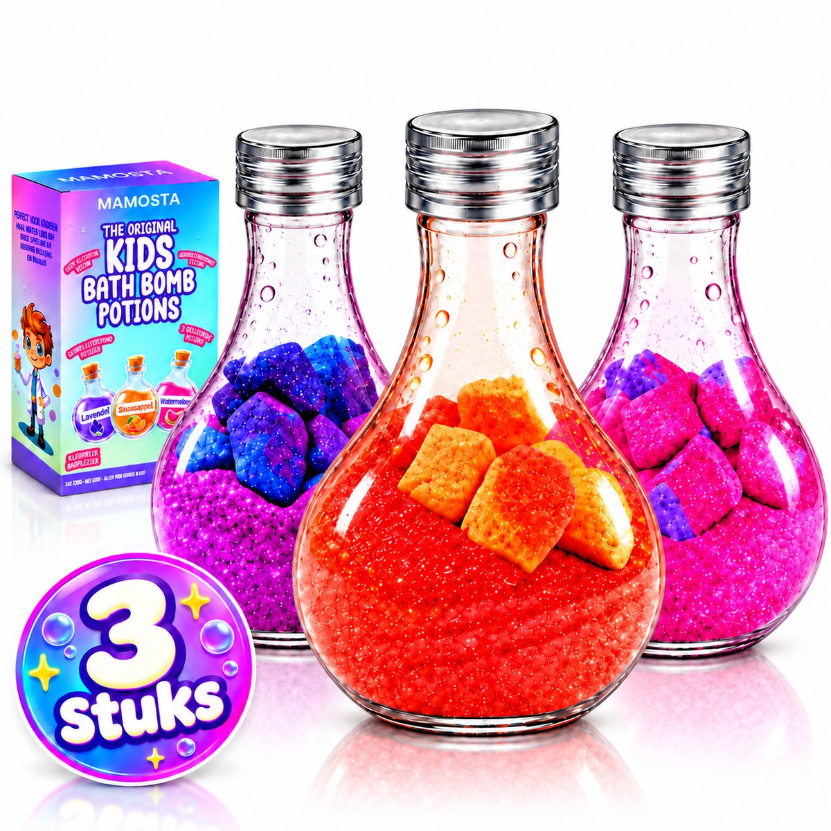 Mamosta® Bruisballen Kind - 3 XL Bath Bombs - Badbruisballen Potion Flesjes - Bruisbal Set Met Lavendel, Watermeloen & Sinaasappel - Badballen Cadeau Voor Kinderen In Bad