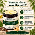 Mamosta Tallow Skin Balm pot met illustraties van voordelen: textuur, verspreiding, hoeveelheid, droge plekken.
