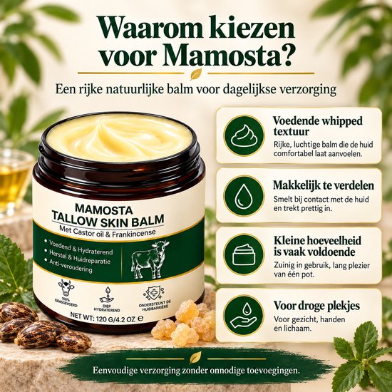 Mamosta Tallow Skin Balm pot met illustraties van voordelen: textuur, verspreiding, hoeveelheid, droge plekken.