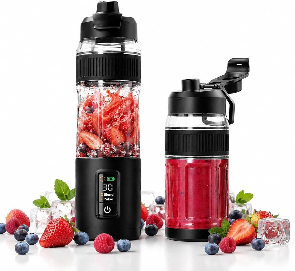 Blender voor Smoothies en Shakes, 600ml Personal Blender To Go met LED-display, 220W Snoerloze Smoothie Maker, 12V Type-C Oplaadbare Mini Mixer voor Reizen Gym Kantoor