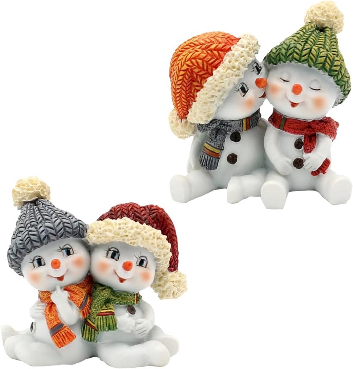 Sneeuwkinderen als set van 2, met muts en sjaal in rood, grijs, oranje en groen, zittend L/B/H 5,5 x 3,5 x 5,5 cm