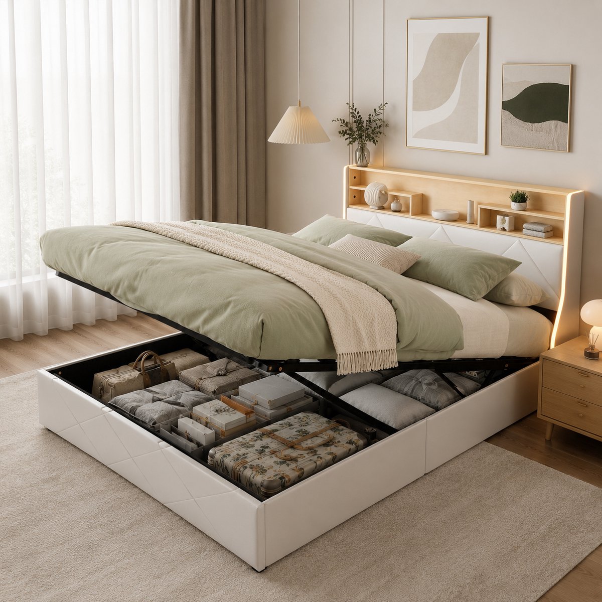 MEXUS Gestoffeerd Opbergbed 140x200 cm – Tweepersoonsbed met LED Verlichting USB-Poort, Ideaal Mensen met Beperkte Ruimte en veel Opbergbehoefte (Matras Niet Inbegrepen) (Beige, 140x200) Wit
