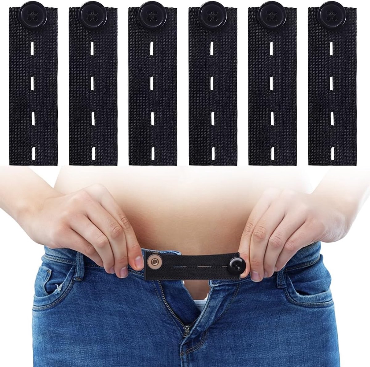 6 stuks verstelbare tailleverlengers van denim knopen, elastische broekverlengingen, rekken en veters in enkele seconden zonder naaien, voor jeans, zwangerschapsmode (8,5 x 2,5 cm)