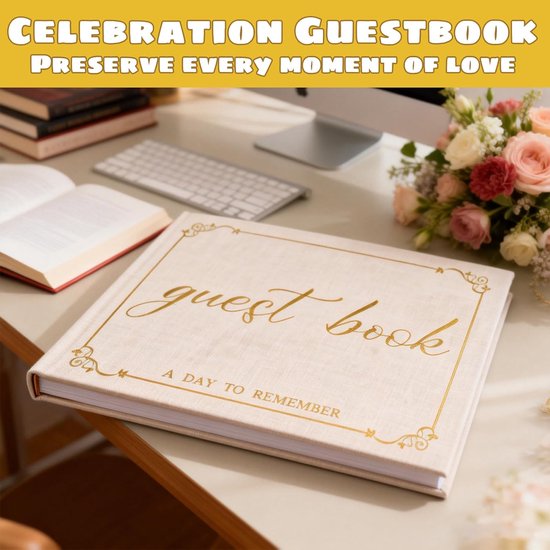 Boek van beige linnen, elegant, hardcover, vintage, voor bruiloft, verjaardag, doop, 100 pagina's, gastenboek, personaliseerbaar met stickers en pen voor foto's, herinneringen, berichten — afbeelding 3