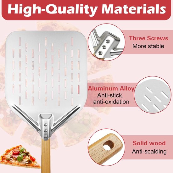 Geperforeerd, zilverkleurige 12 inch pizzaschep 39,5 * 30 cm, pizzaschep aluminiumlegering pizzaschep, professionele pizzaschep met groot oppervlak & verwijderbaar — afbeelding 2