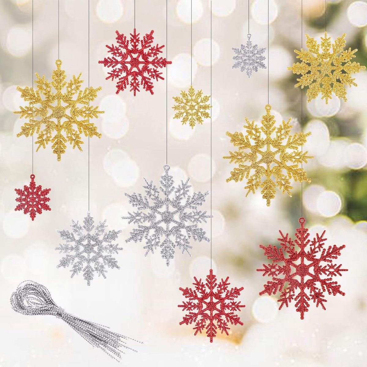 30 stuks kerstsneeuwvlok ornamenten, hangende glitter sneeuwvlok voor kerstboom en slinger decoraties (rood, goud, zilver)
