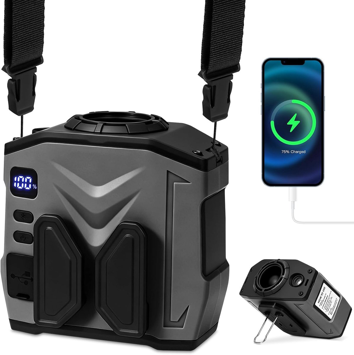 10000mAh Handvrije Draagbare Ventilator met Accu en LED-Verlichting, 5 Snelheden, Mini-Turbogordelventilator, T-Shirtventilator met Clip voor Kantoor, Kamperen en Buitengebruik