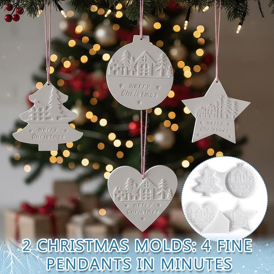 Gietvormen Kerstmis, 4 stuks siliconen vormen, kersthangers, gietvormen, siliconen hanger met dennenboom, ster, hart, voor doe-het-zelf hars, kerstdecoratie en woondecoratie — afbeelding 4
