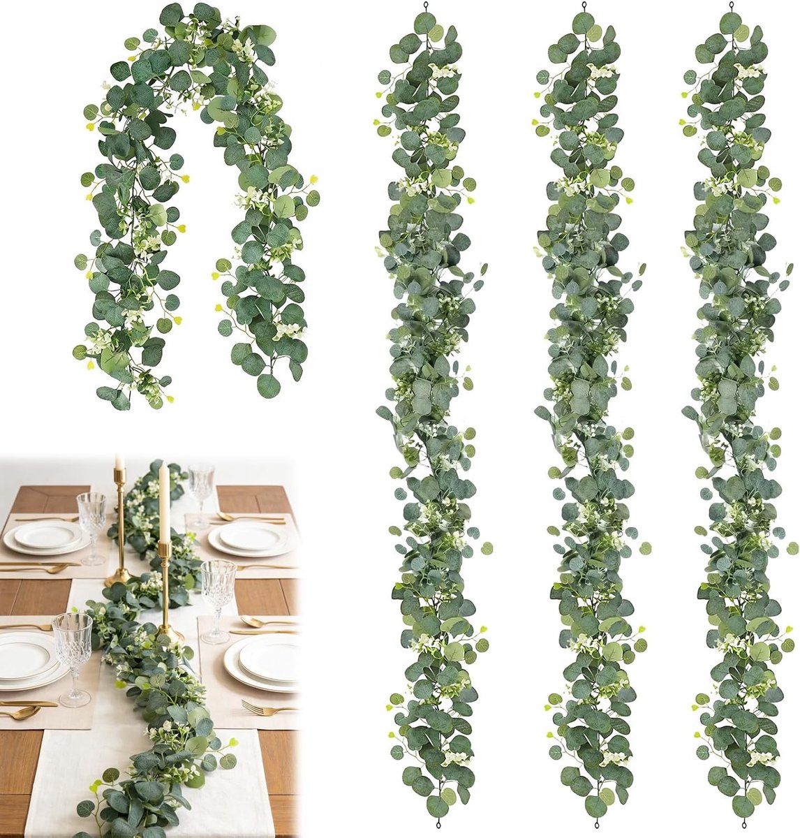 4 stuks groene eucalyptus-slinger, 1,8 m, eucalyptus-decoratie met witte bloemen, bladerenslinger voor lente, kunstplanten, eucalyptusrank voor bruiloftsdecoratie, tafeldecoratie, tuin en woonkamer