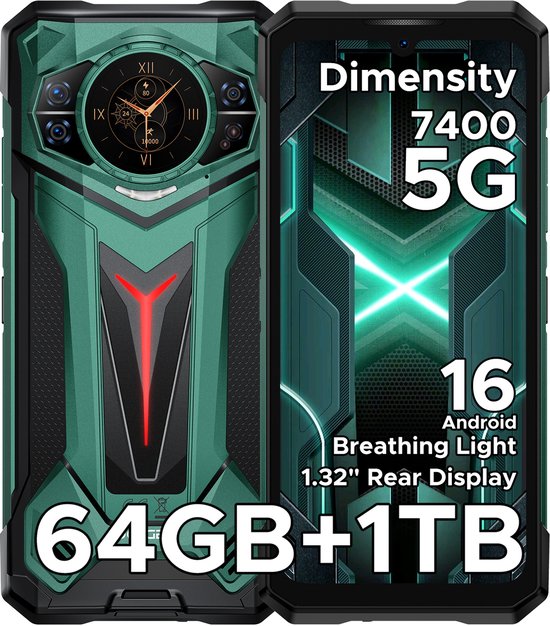 Groene robuuste smartphone met 64GB+1TB opslag en 1.32" achterdisplay. Dimensity 7400 5G.