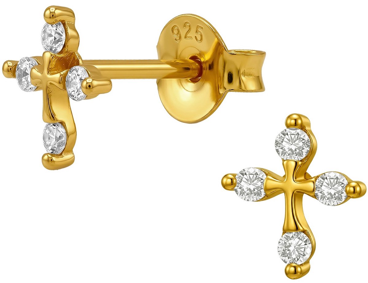 Joy|S - Zilveren kruisje oorbellen - petit kruisje met zirkonia - 6.2 x 7 mm - gold plated - sterling zilver 925 - dames oorknopjes