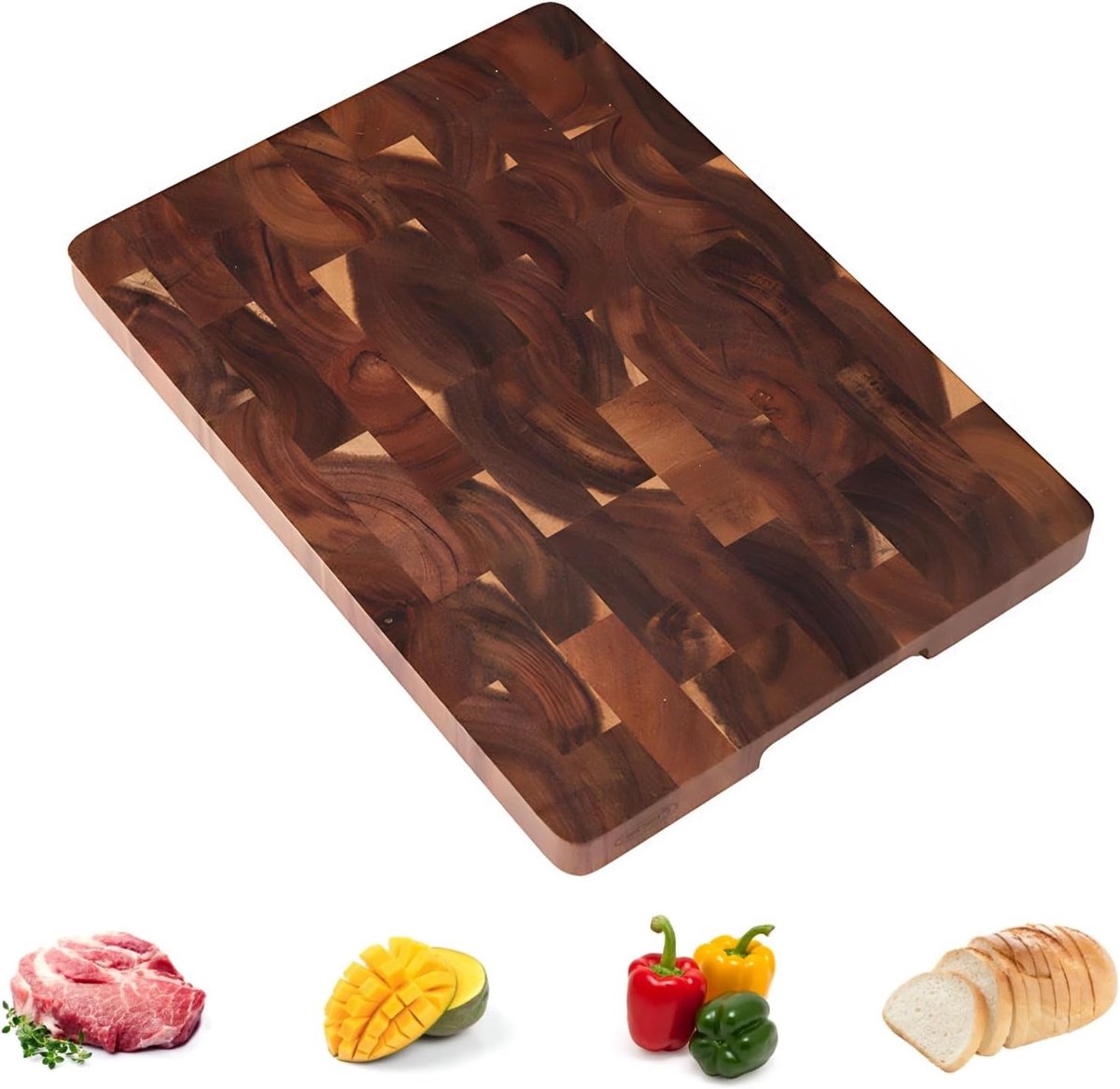 Snijplank Houten Snijplank van Acaciahout Keukenplank Snijplank van Hirzenhout Snijplank met antislipvoeten Ingebouwde Handgrepen, Serveerplank voor de Keuken, 40 x 30 x 3 cm