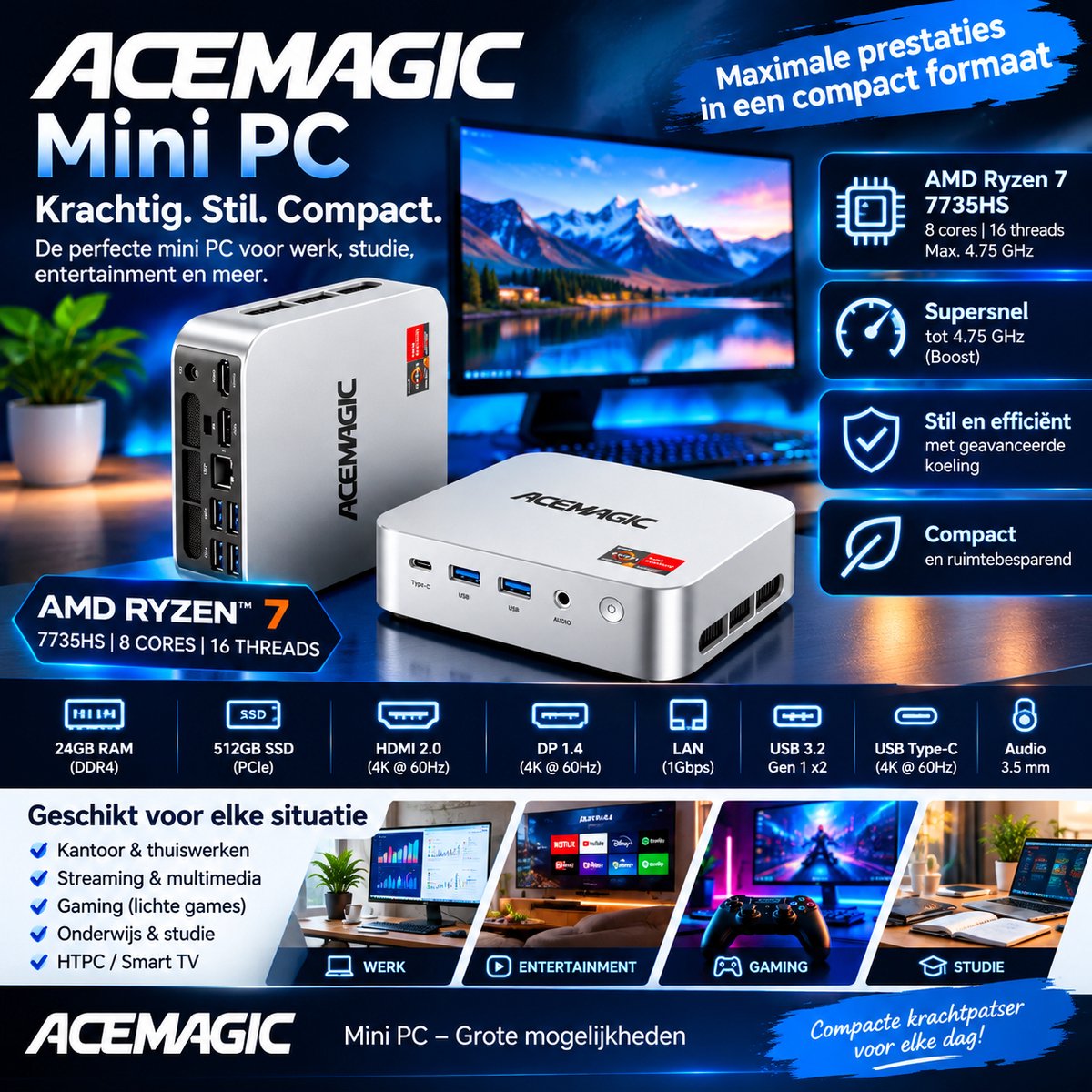 ACEMAGIC Mini PC AMD Ryzen 7 7735HS – 24GB RAM – 512GB SSD – 4K – WiFi 6 – Windows 11
