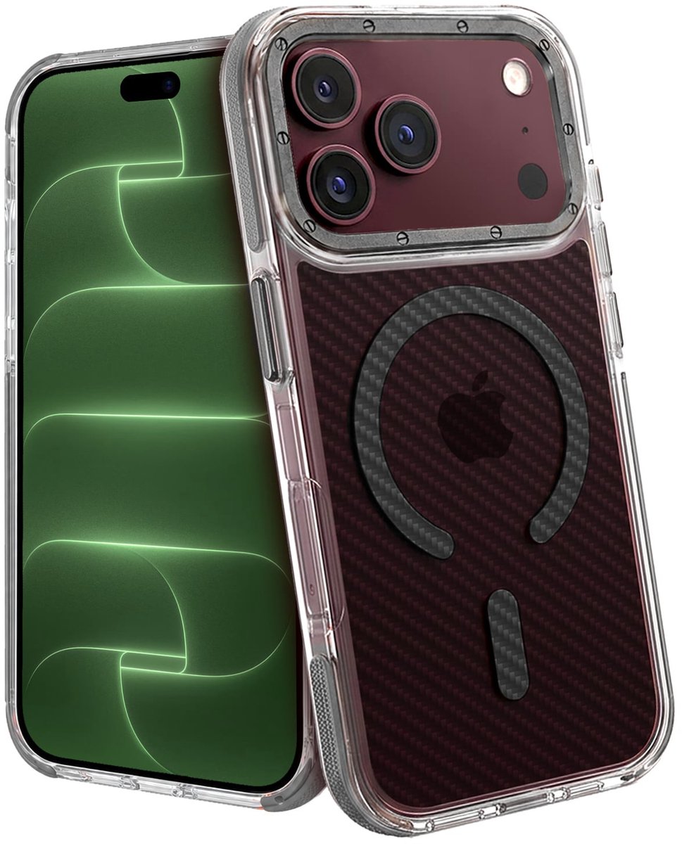 Hoesje Geschikt voor Apple iPhone 18 Pro - Magsafe Compatible - Carbon Look - Sterk & Shockproof - Back Cover - Shock Proof Case - Telefoon Hoes Shockproof - Grijs