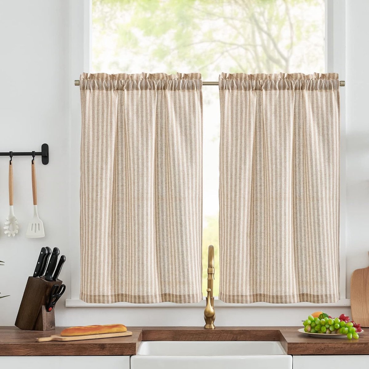 Vangao Curtains Modern Kitchen Linen Look Bistro Curtain Set of 2 65 x 90 cm (W x H) with Rod Piping - ShopVlot