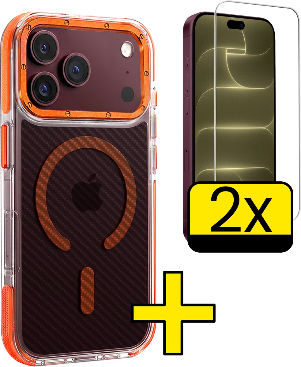 Hoesje - Met 2x Screenprotector - Geschikt voor Apple iPhone 18 Pro Max - Magsafe Compatible - Carbon Look - Sterk & Shockproof - Back Cover - Shock Proof Case - Telefoon Hoes - Telefoonhoesjes - Oranje