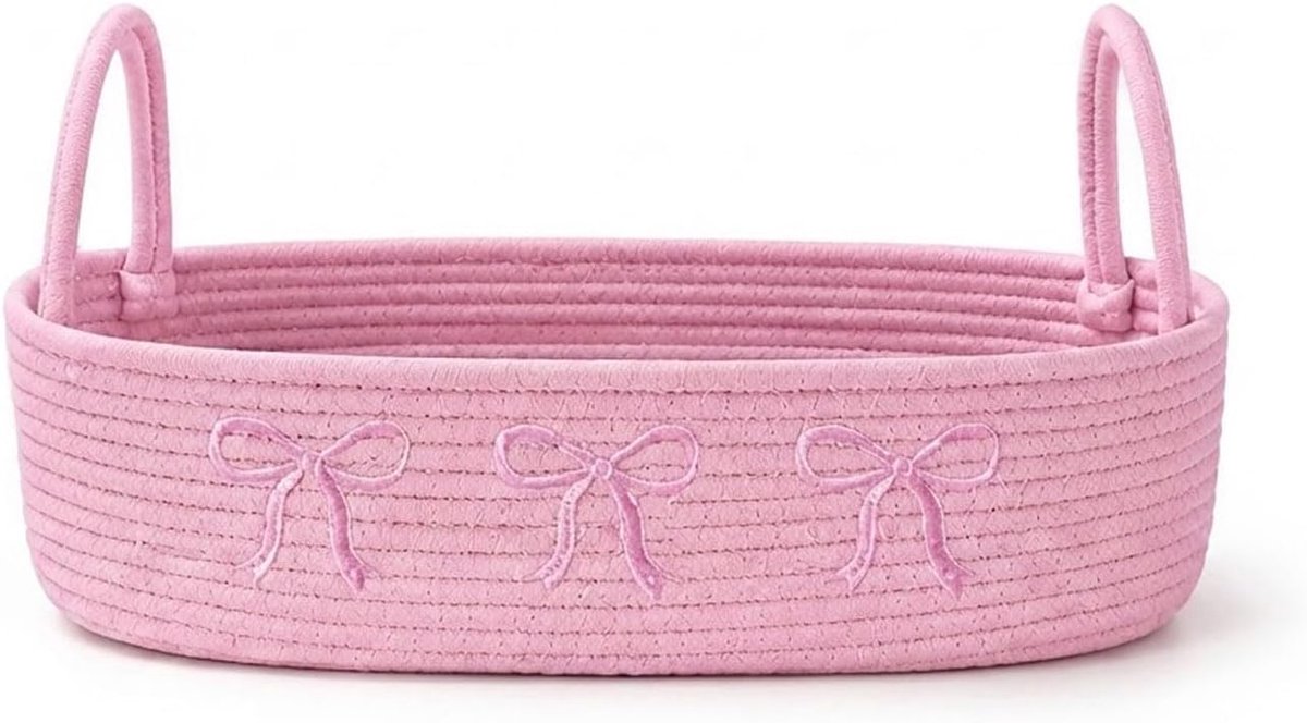 Opbergmand 33x15x10 cm - Zachtroze katoen - Met geborduurde strikken - Ideaal voor badkamer of kinderkamer - ShopVlot
