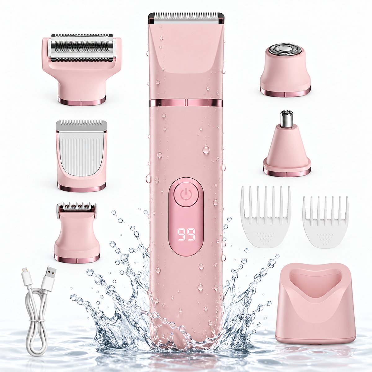 Ladyshave voor Vrouwen 5-in-1 - Scheerapparaat Dames - Bikinitrimmer, Gezichtstrimmer & Neustrimmer - 5 Opzetstukken - Nat & Droog - USB Oplaadbaar - Roze
