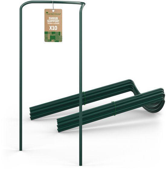Groene metalen halfronde heestersteunen, 70cm x 40cm, set van 10. Een steun staat rechtop, de rest ligt gebundeld.